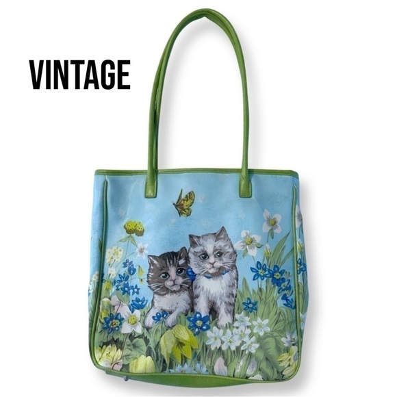Vintage Blue Vinyl Kittens Floral Graphic Tote Handbag - Picture 1 of 10